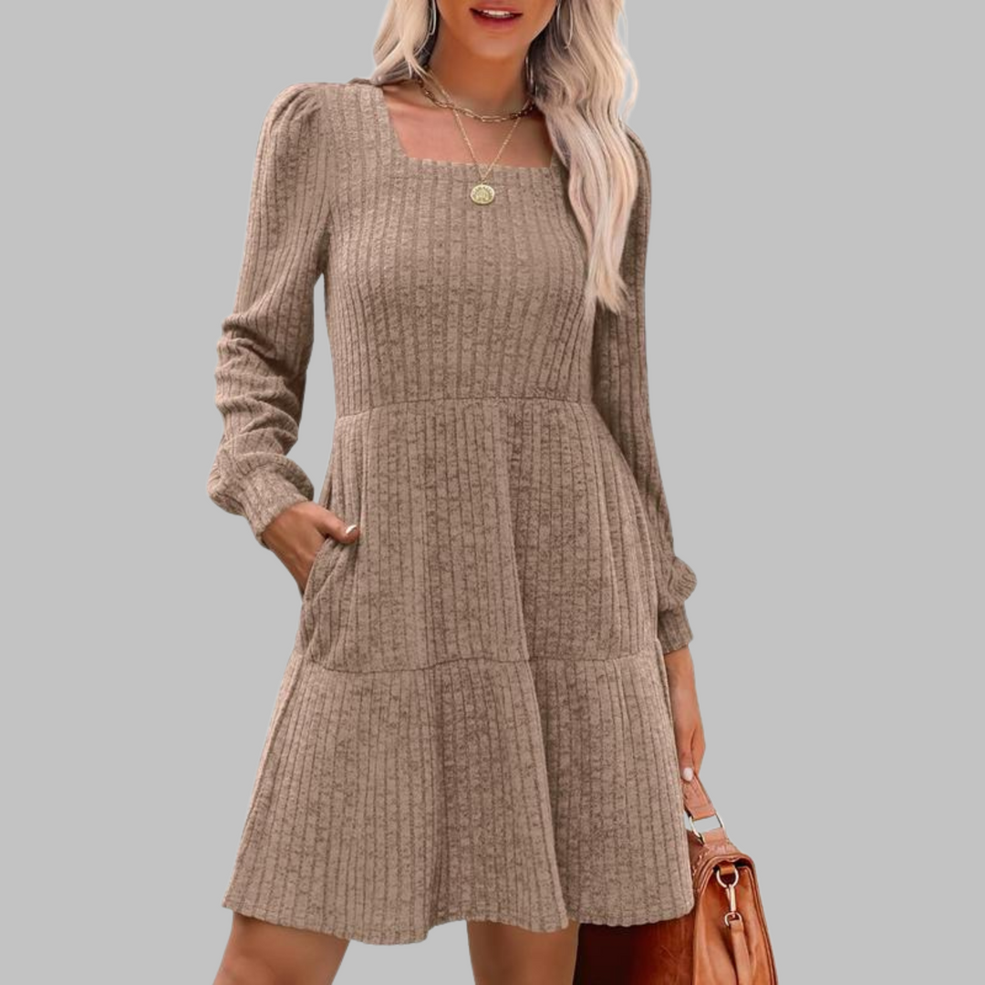 ULAN™ - Casual Square Neck Long Sleeve Midi Dress