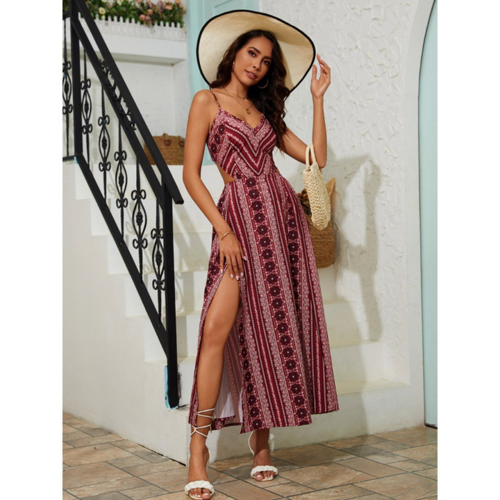 CLARINDA™ – Casual Deep V-Neck Shirred Sleeveless Maxi Dress