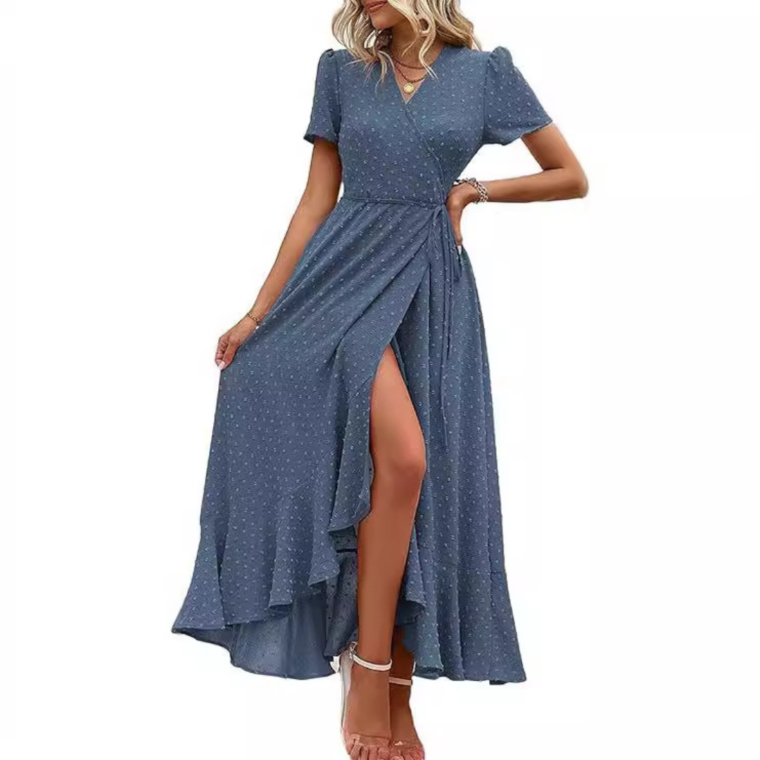 PILAR™ – Classy Flowy Wrap V-Neck Short Sleeve Maxi Dress