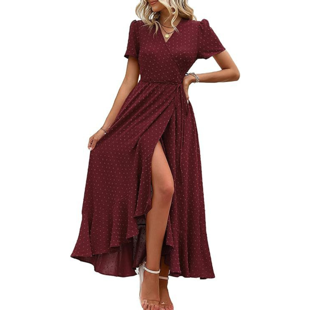 PILAR™ – Classy Flowy Wrap V-Neck Short Sleeve Maxi Dress