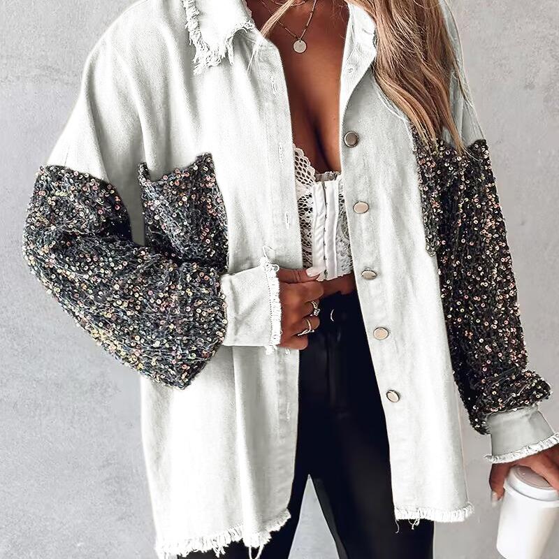 NENITA™ - Chic Oversized Sequin Hem Collared Button Down Jacket
